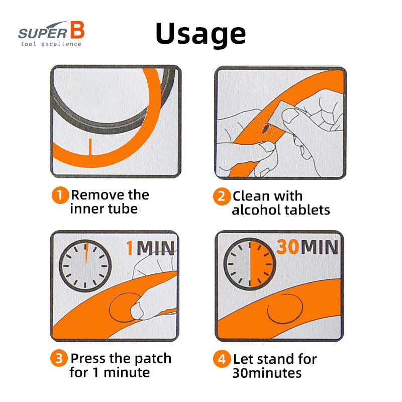 Super B TB-1118, set de 6 parches para reparación de bicicleta, MTB y carretera, kit portátil de reparación para ciclismo, sin pegamento, secado rápido, herramienta para cámara de llanta