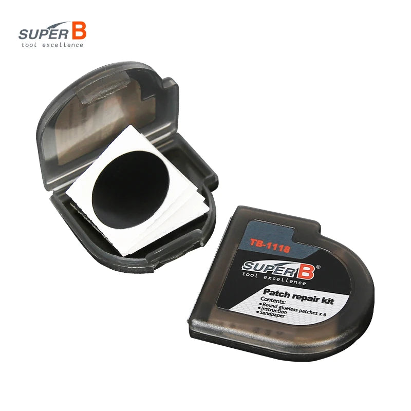 Super B TB-1118, set de 6 parches para reparación de bicicleta, MTB y carretera, kit portátil de reparación para ciclismo, sin pegamento, secado rápido, herramienta para cámara de llanta