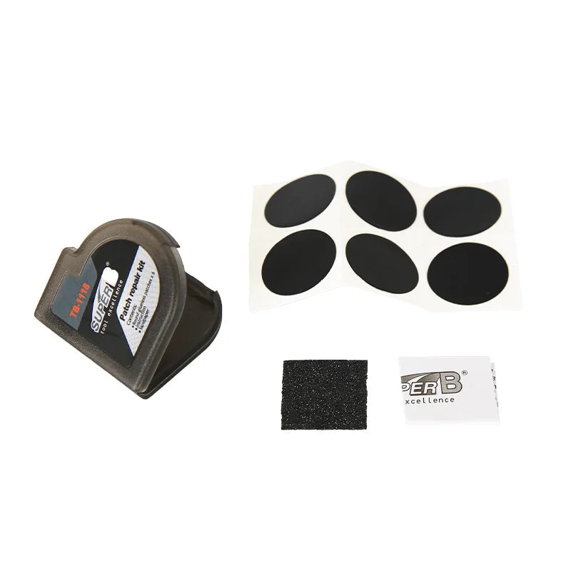 Super B TB-1118, set de 6 parches para reparación de bicicleta, MTB y carretera, kit portátil de reparación para ciclismo, sin pegamento, secado rápido, herramienta para cámara de llanta