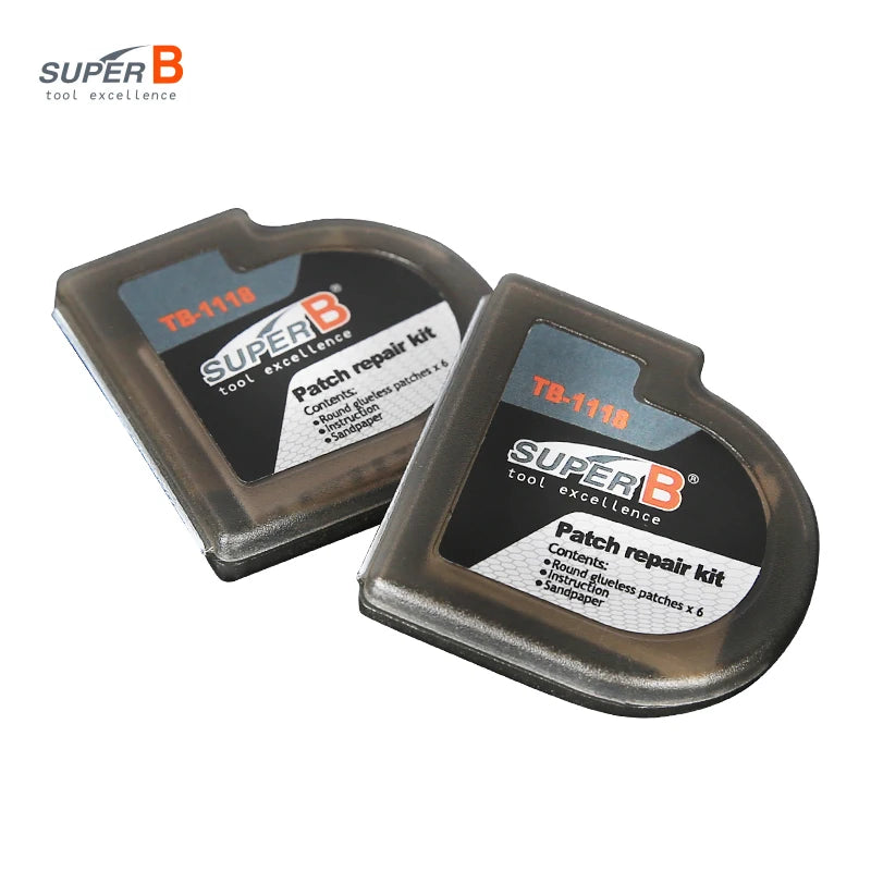 Super B TB-1118, set de 6 parches para reparación de bicicleta, MTB y carretera, kit portátil de reparación para ciclismo, sin pegamento, secado rápido, herramienta para cámara de llanta