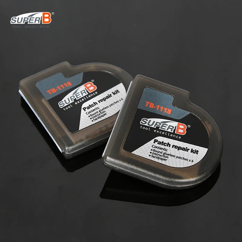 Super B TB-1118, set de 6 parches para reparación de bicicleta, MTB y carretera, kit portátil de reparación para ciclismo, sin pegamento, secado rápido, herramienta para cámara de llanta